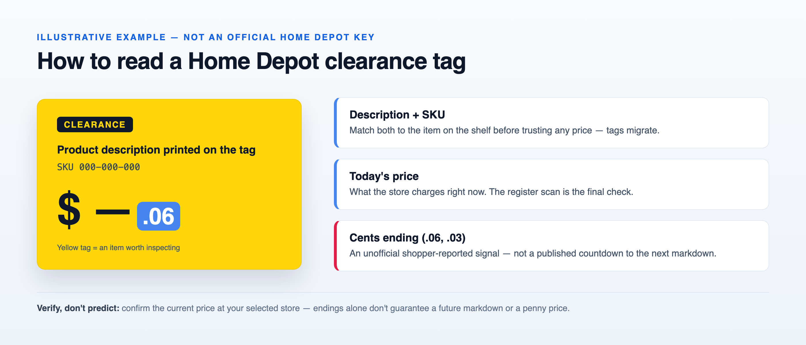 Diagram of a Home Depot clearance tag showing the product description, SKU, current price, and an unofficial cents ending such as .06