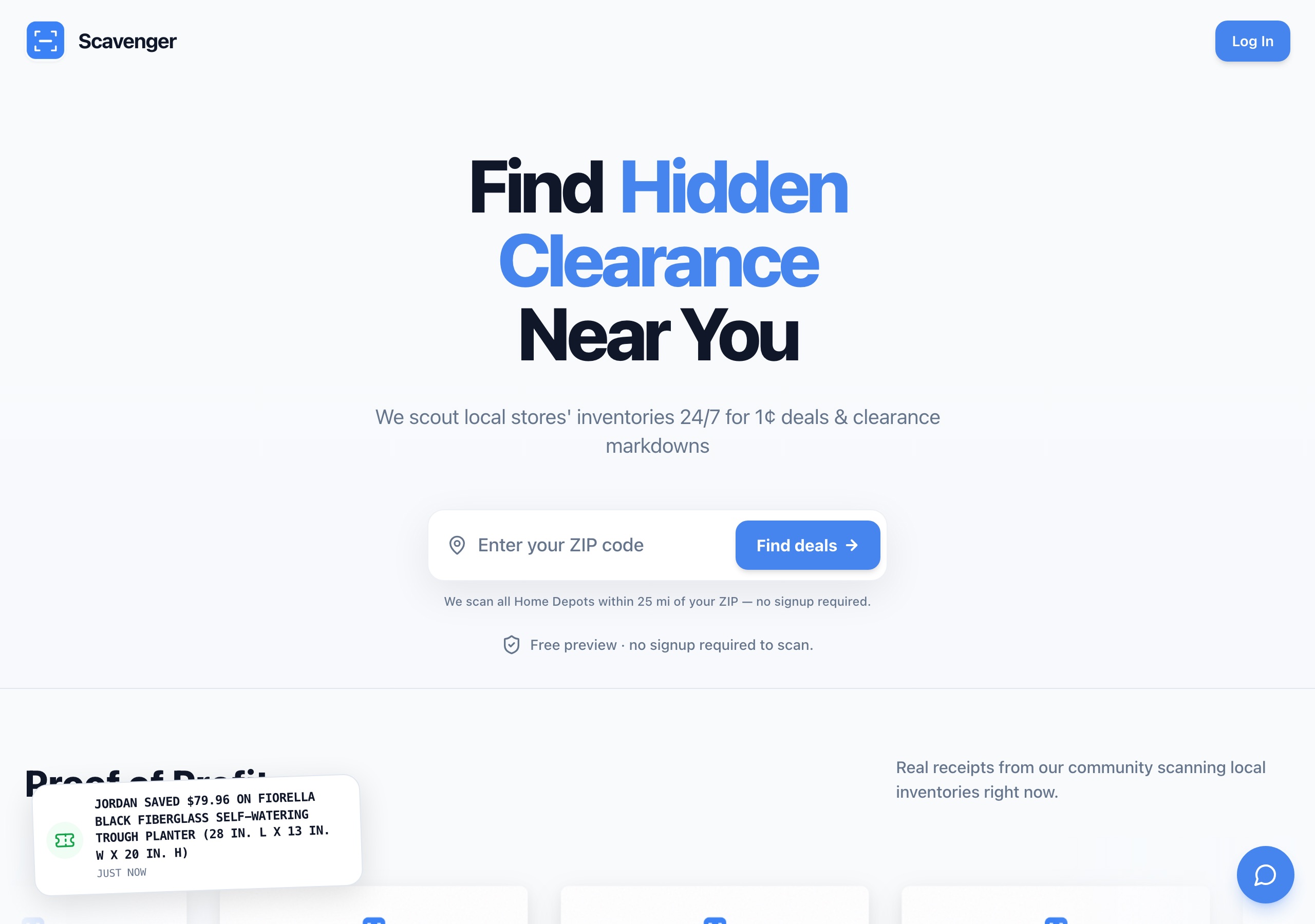 Scavenger homepage with a ZIP code search that scans local Home Depot inventories for penny deals and clearance markdowns