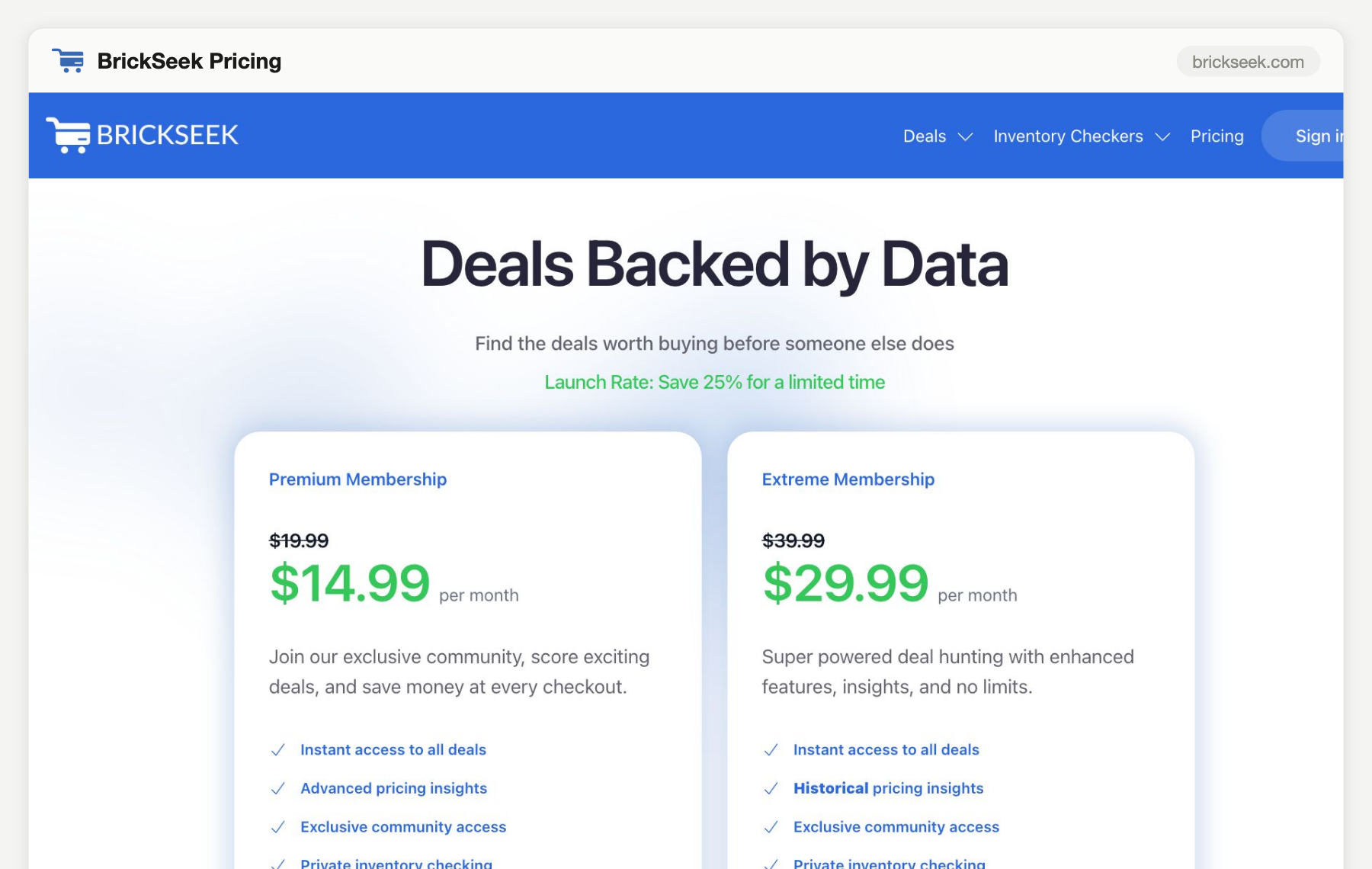 BrickSeek pricing page screenshot, August 2026