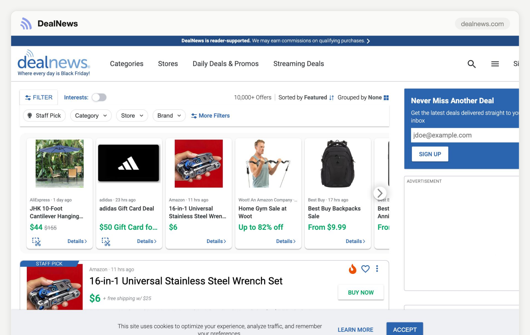 DealNews homepage screenshot, August 2026