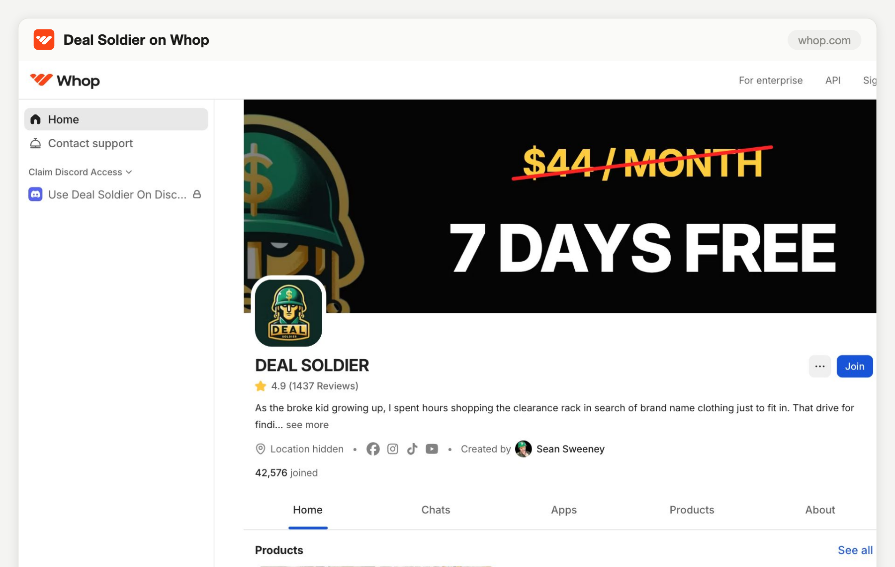Deal Soldier listing on Whop, August 2026
