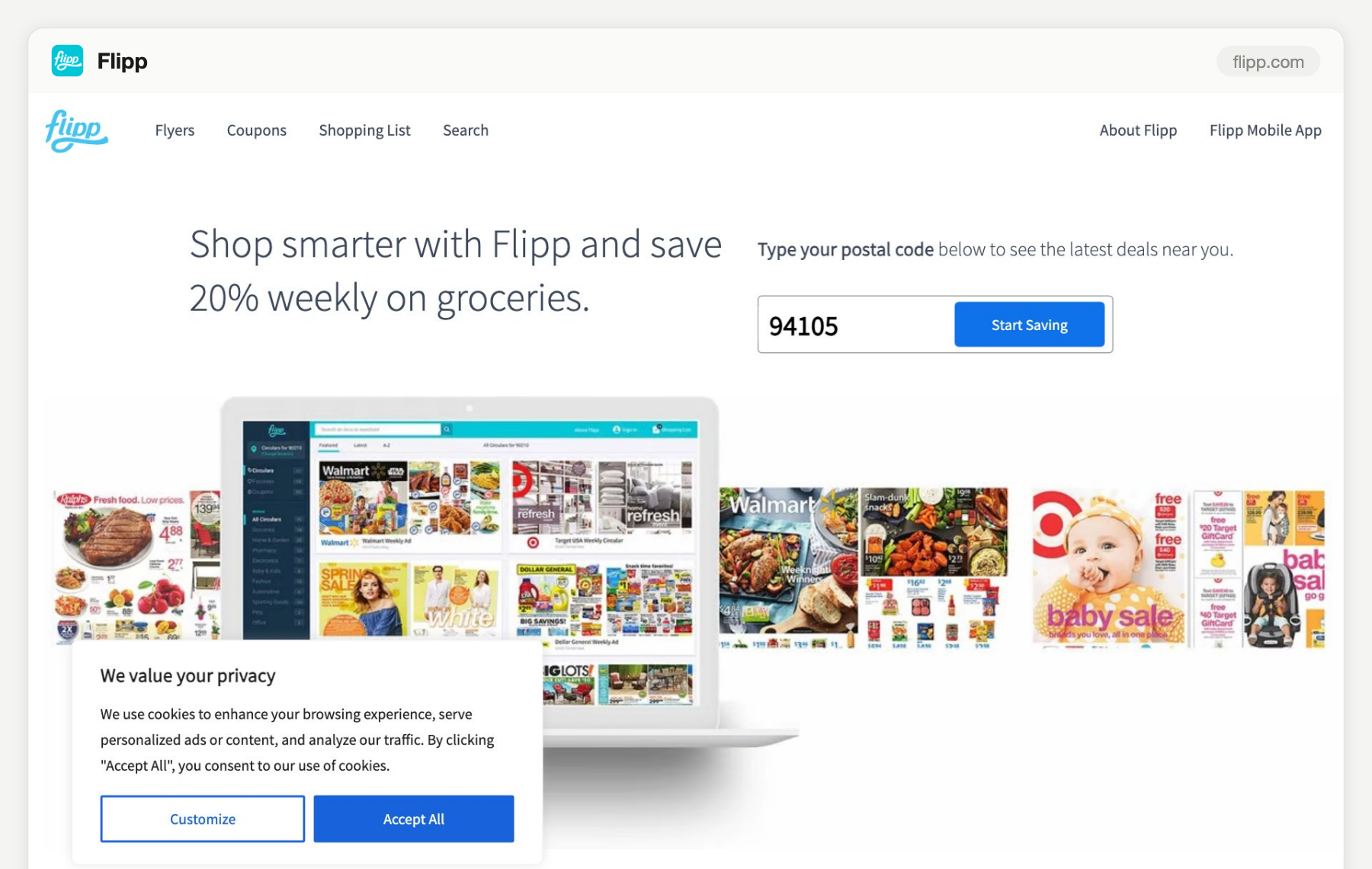 Flipp homepage screenshot, August 2026