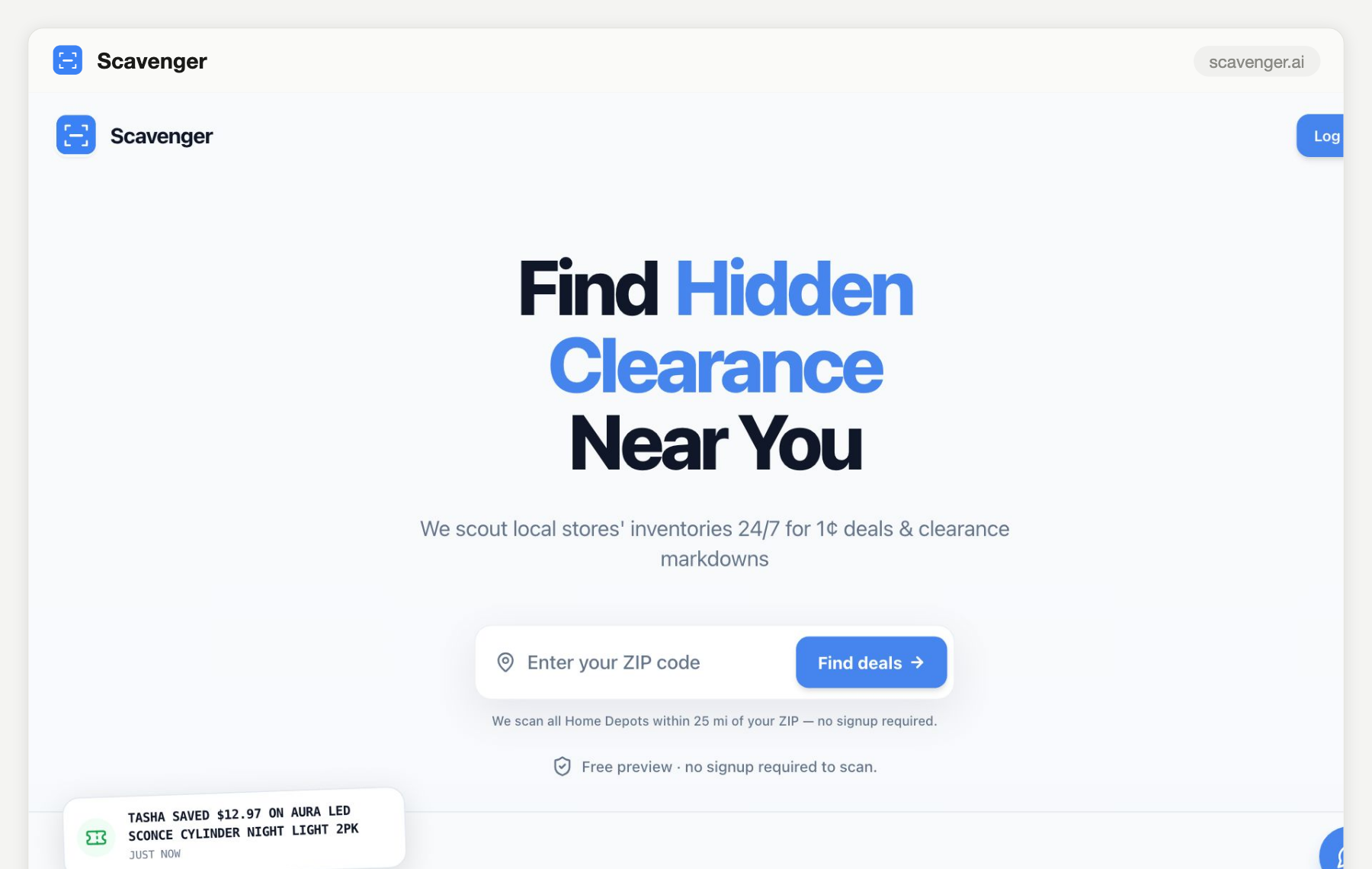Scavenger homepage screenshot, August 2026