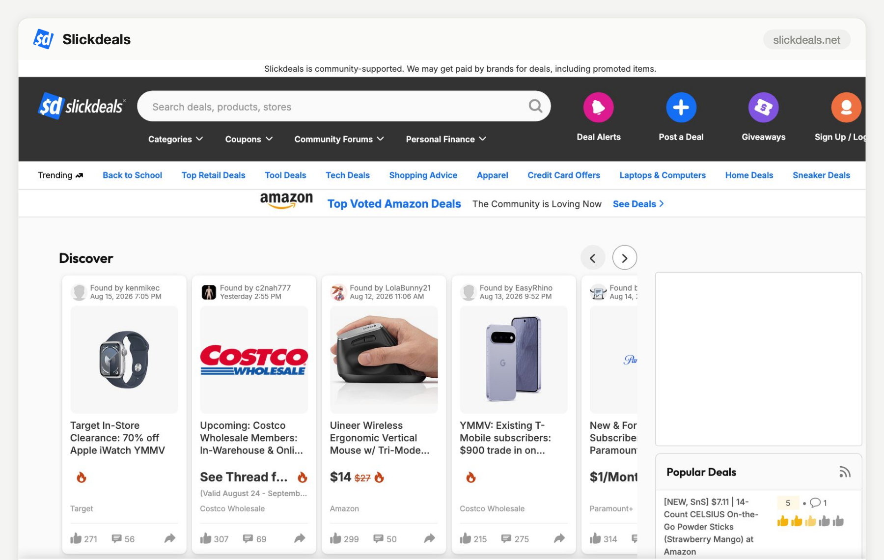 Slickdeals homepage screenshot, August 2026